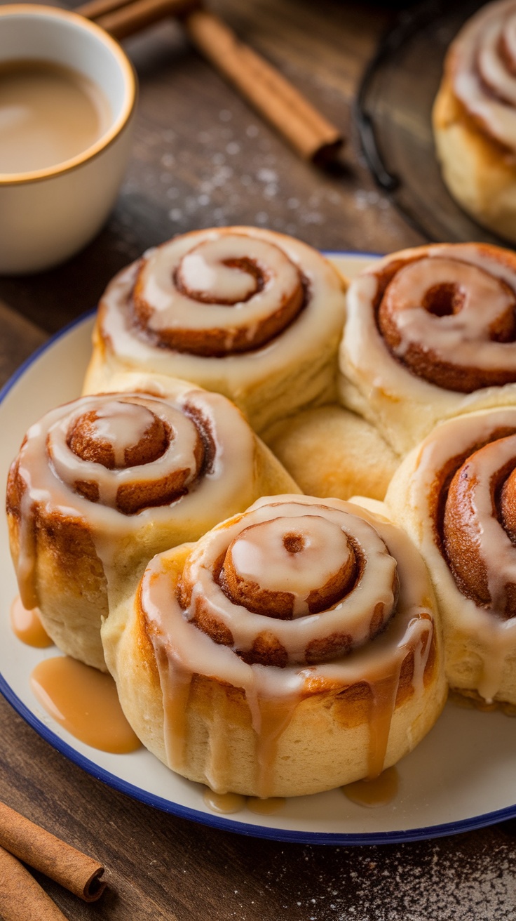 Warm cinnamon buns drizzled with caramel glaze on a rustic plate, with coffee and cinnamon sticks in the background.